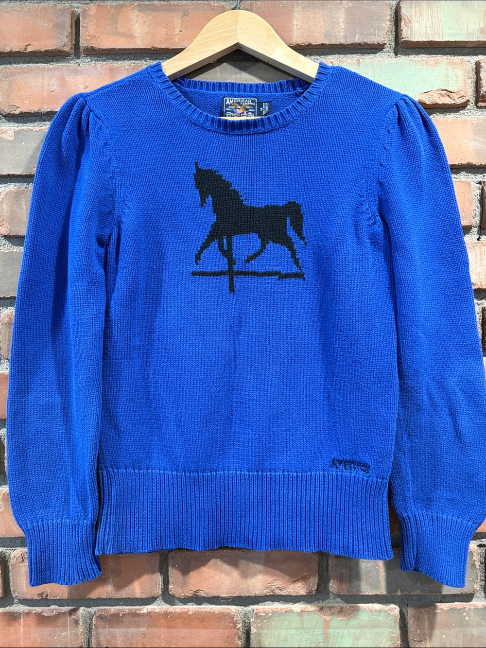 Vintage Royal Blue Crewneck Sweater with Black Horse Motif